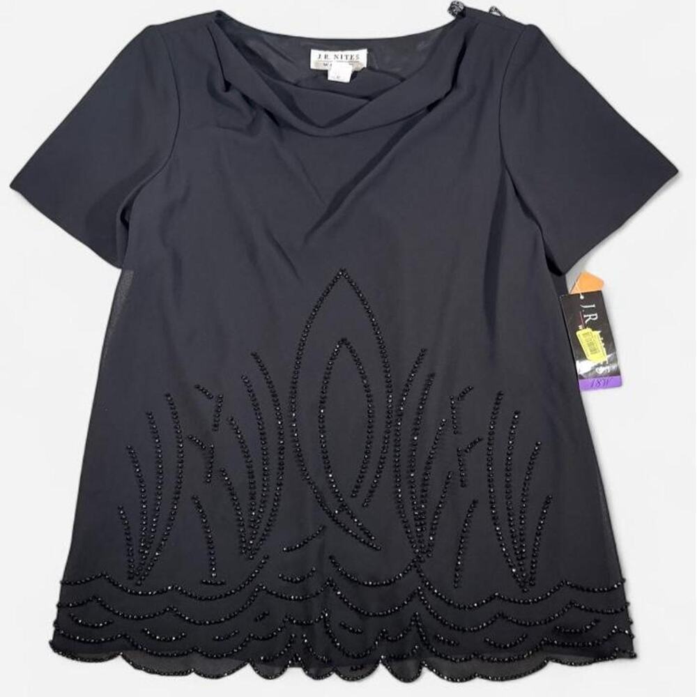 J.R. Nites Woman Plus Size 18W Black Beaded Tunic Top NWT Art Deco Evening.